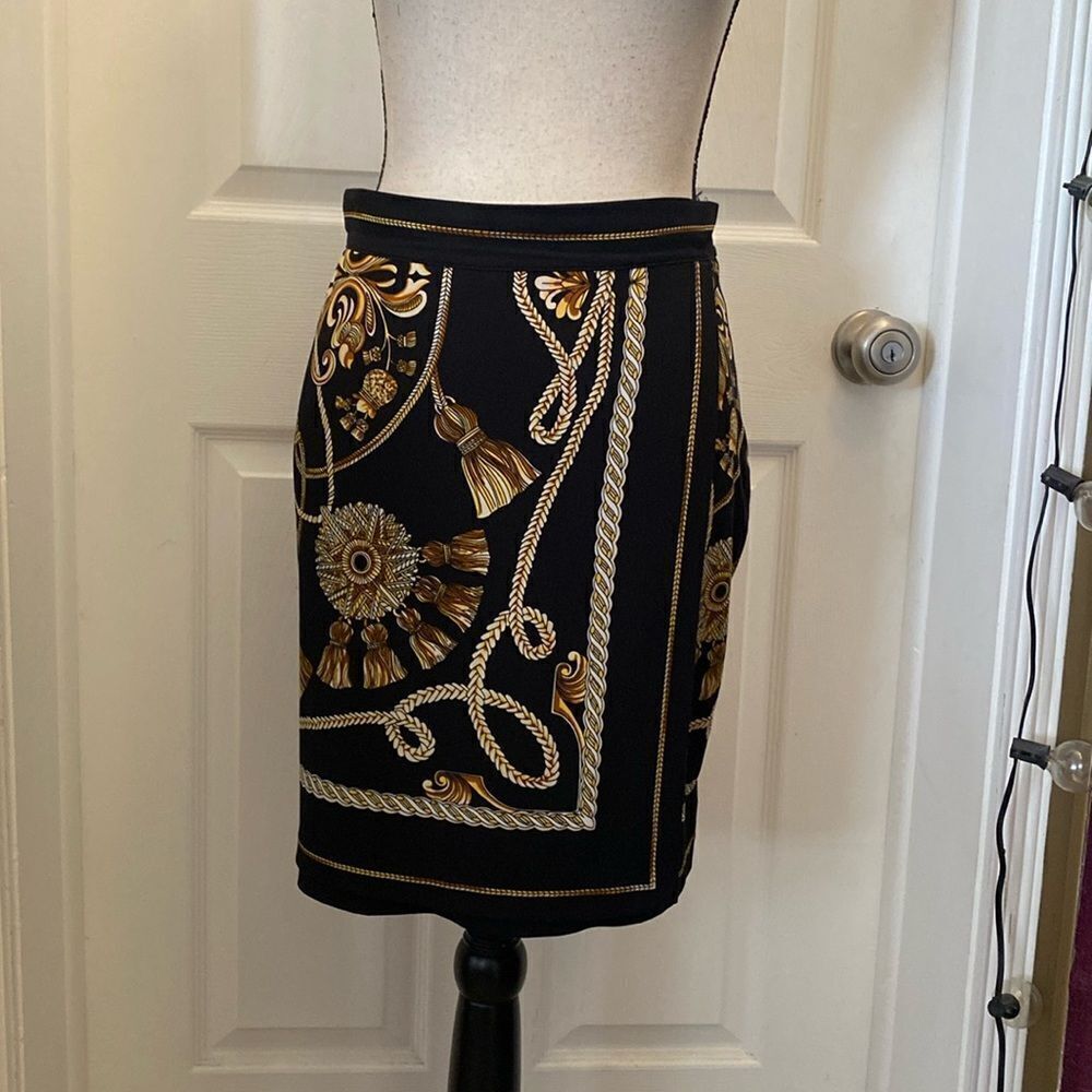 Cache Black Skirt with Gold Rope & Tassel Print